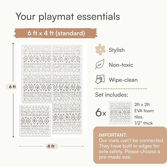 Lillefolk Baby Play Mat for Floor – 4x6ft Boho | Soft Non Toxic Premium EVA Foam Tiles for Tummy Time, Crawling & Playroom – Waterproof Interlocking Floor Mat for Babies & Toddlers (6 Tiles)