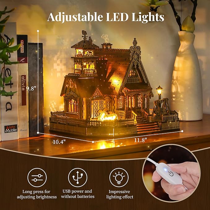 LED 3D Wood Puzzle Countryside Cottage Model - DIY Miniature Building Kit with Spark LED Lights - 3D Craft Rural Architecture Home Décor Gift for Adults