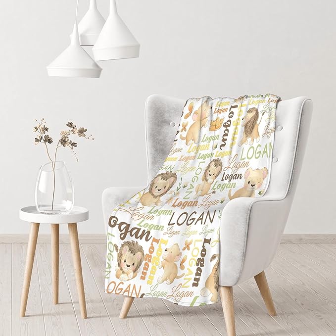Personalized Baby Blanket for Girls Boys Lion Custom Baby Blanket with Name Swaddle Blanket for Toddlers Infants Kids Shower Newborns Nursery Stroller Crib Decor Throw Birthday Gift