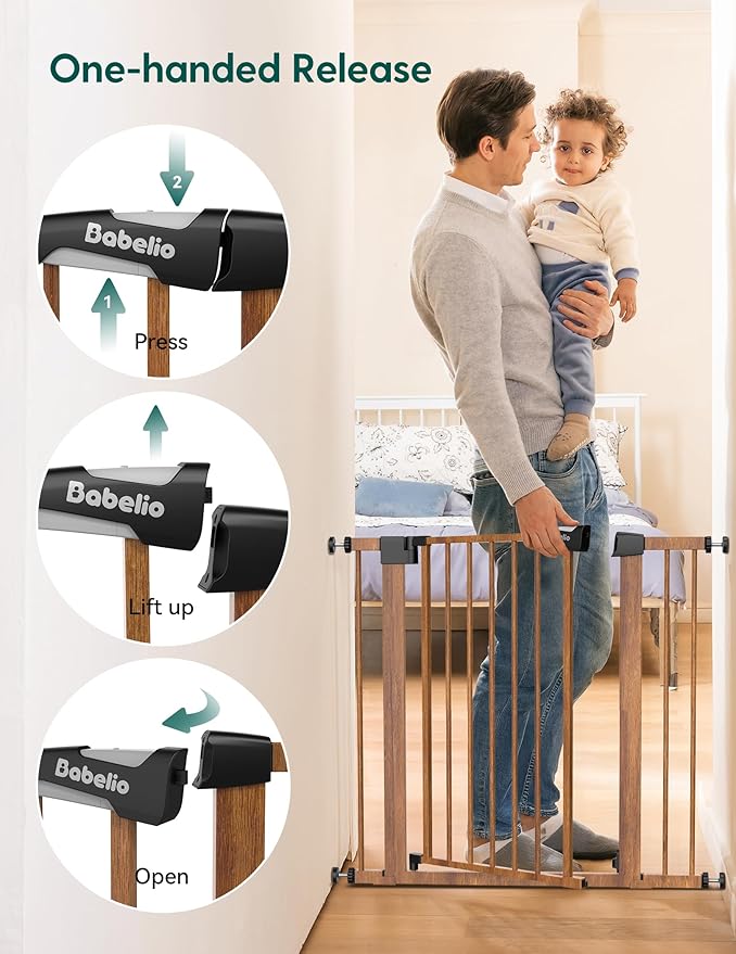 Mom's Choice Award Winner-BABELIO 26-40" Metal Baby Gate with Wood Pattern, PressGuard C5 Easy Install Pressure Mounted Dog Gate for Stairs and Doorways, with Wall Protectors and Extension Kits