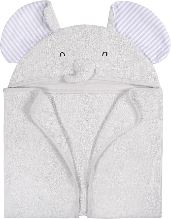 Gerber Baby 4 Piece Animal Character Hooded Towel and Washcloth Set, Grey Elephant, One Size