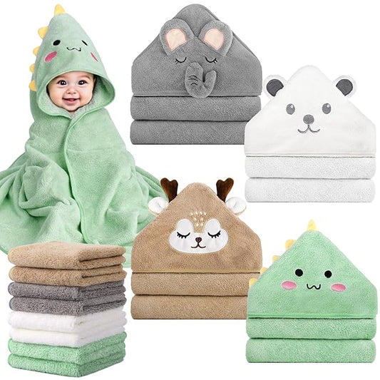 CandyHome 12 PCS Baby Bath Towels Set for Infants Toddlers, 4 PCS Animal Hooded Baby Towels & 8 PCS Washcloths Set, Ultra Absorbent Cute Soft Newborn Essentials Gift for Boys & Girls