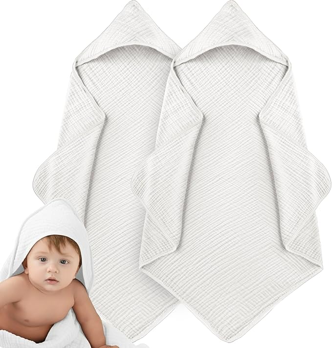 Muslin Hooded Baby Towels for Newborns, 32"x32", 100% Cotton – 6 Layers Super Soft Absorbent Breathable, Baby Bath Towel, Toddler Bath Towel – Pack of 2