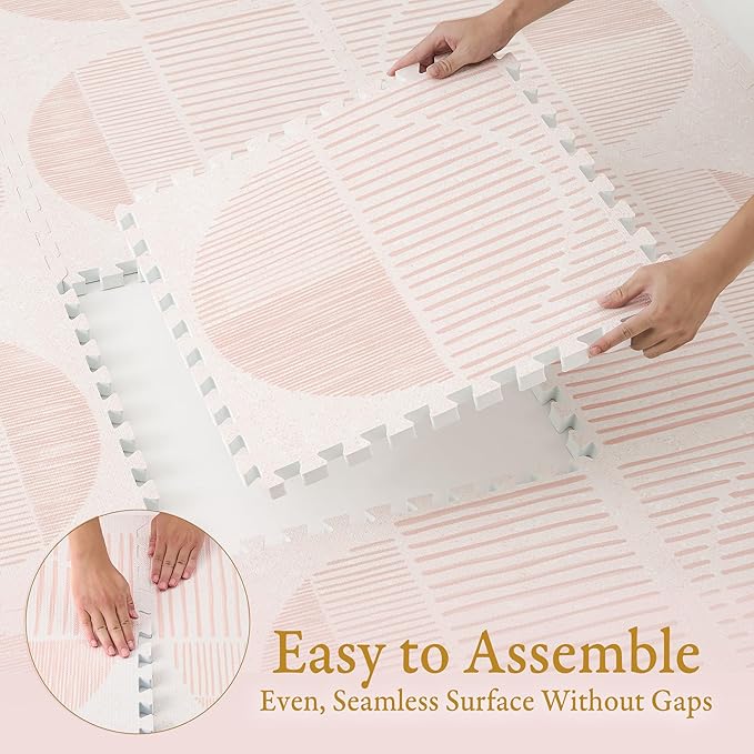 PopsyKosy Premium Exercise & Baby Foam Play Mats - Stylish & Large Non-Toxic Odorless Floor Mat - 6 Tiles - Spacious 6ft x 4ft - Peel-Resistant Reinforced - Soft Thick, Waterproof - Cream Pink