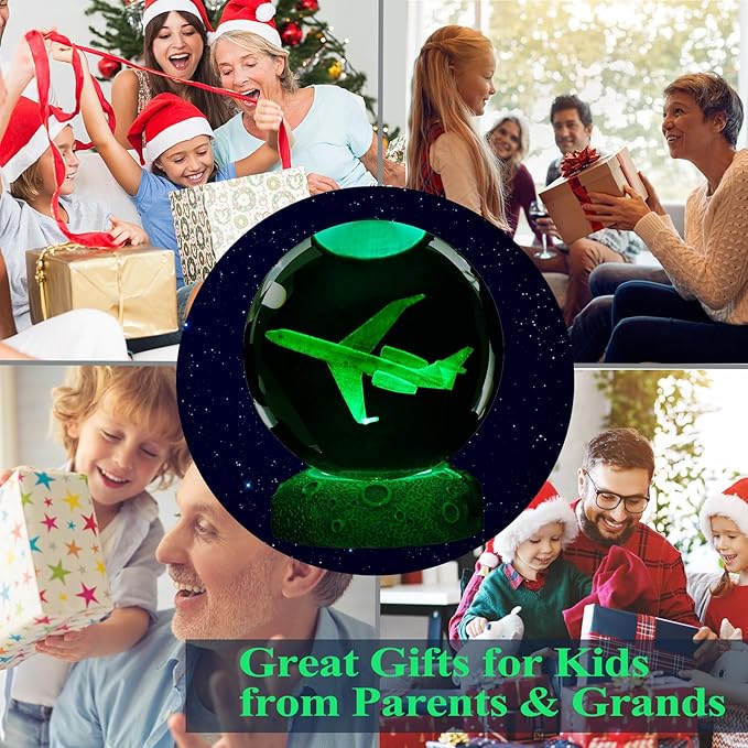 Planes Night Light, Aviation Gifts, 3D Crystal Ball 3.15 Inch (80mm) Airplane Night Light with Remote, Pilot Lamps with 16 Color for Birthday Xmas Cool Figurines Gifts for Room Decor Boys Girls