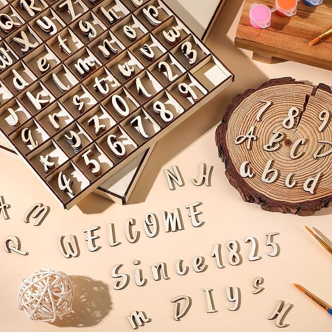 Geelin 248 Pcs 1 Inch Wood Alphabet Letters Numbers with Storage Box Blank Unfinished Wooden Letters Numbers with Rustic Storage Tray for Spelling Learning Education DIY Crafts