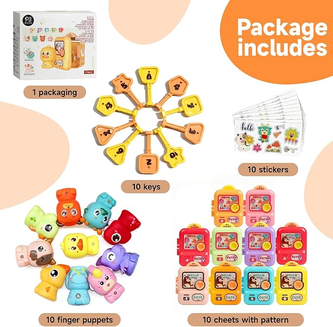 Learning Toy for Toddlers, Counting, Matching & Sorting Montessori Learning Toy，10pcs Animal Finger Puppets with Geometric Key Treasure Lock, Christmas Birthday Gift for Baby Boys Girls