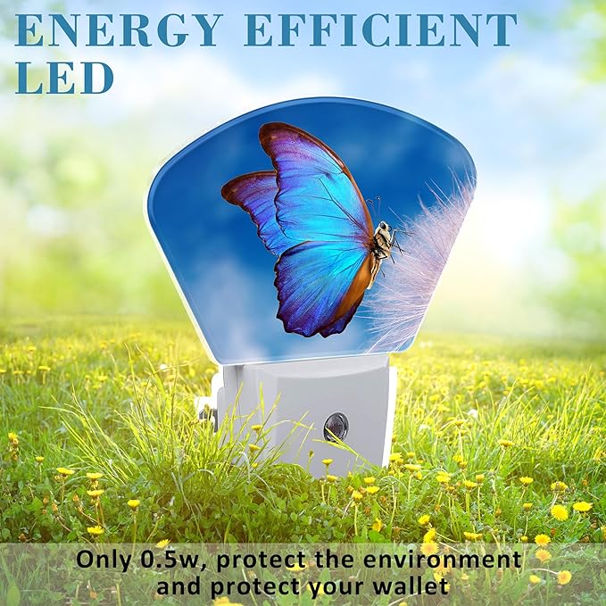 Beautiful Blue Butterfly Night Light, Dandelion Nightlight Plug into Wall with Dusk to Dawn Sensor for Kid Girls Boys Women Men Bedroom, Hallway, Kitchen, Bathroom, Stairs Decor