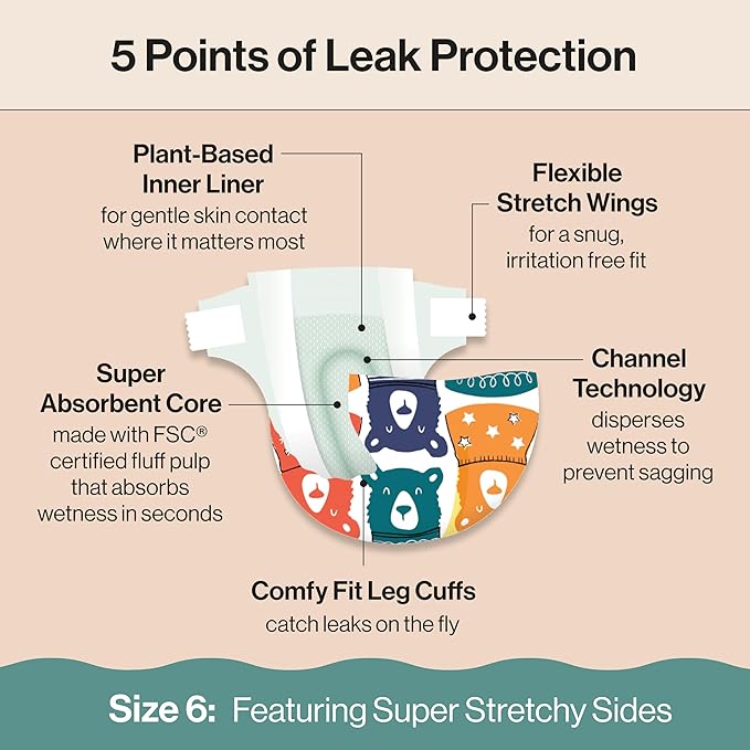 The Honest Company Clean Conscious Diapers for Sensitive Skin, Up to 100% Leakproof Hypoallergenic Fragrance-Free Baby Diapers, Gender Neutral Prints, Super Club Box, Size 6 (35+ lbs), 68 Count