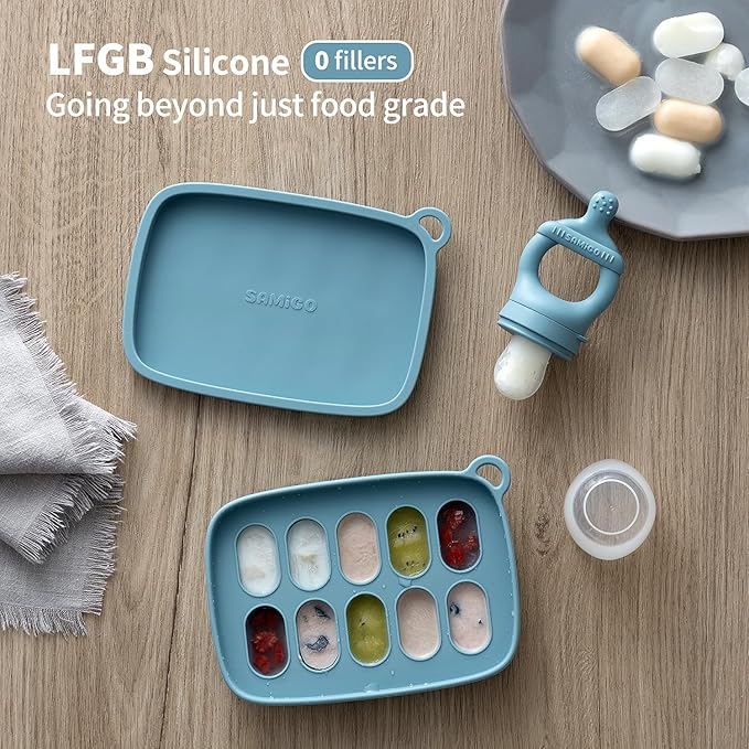 SAMiGO Baby Food Fruit Feeder and Breastmilk Popsicle Mold Set, Silicone Fruit Teether, Food Feeder Pacifier for Teething Relief, Freezer Tray, Baby Feeding Essentials, 4 Months+