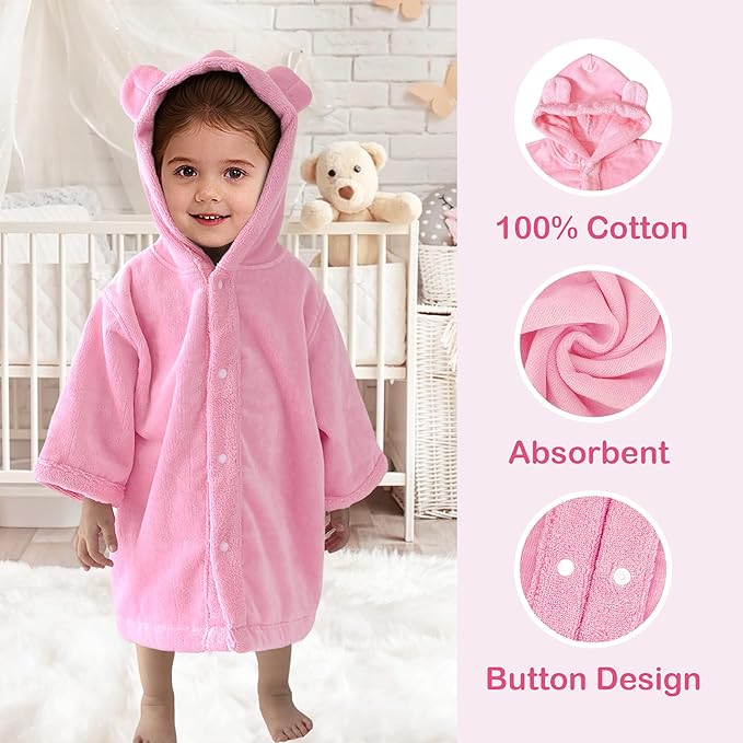 VOOVA & MOVAS Baby Hooded Towel with Bear Ear,0-3Years | 100% Cotton, Ultra-Soft & Absorbent | Gentle for Sensitive Skin, Bath, Pool & Beach Robe | Newborn (Pink)