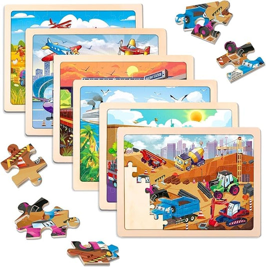 Christmas Wooden Puzzles for Kids Ages 4-6,6 Pack 60Pcs Jigsaw Wooden Car Truck Puzzles for Toddlers 3-5,Preschool Educational Brain Toys Gifts for Boys and Girls 2 4 3 5 Year Old（Vehicle）