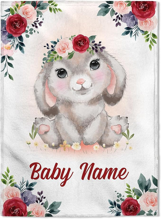 FLOCHIL Personalized Baby Blanket - Custom Baby Blanket with Name for Girls, Newborn Bunny Plush Fleece (30x40)