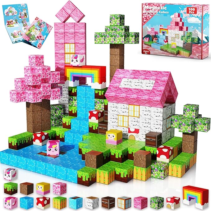 Goody King Magnetic Blocks|100PCS Magnetic Building Cubes,Unicorn Magnet Cubes for Kids Age 3 4 5 6 7 8 9 10, STEM Montessori Stacking Toy, Sensory Tiles Building Christmas