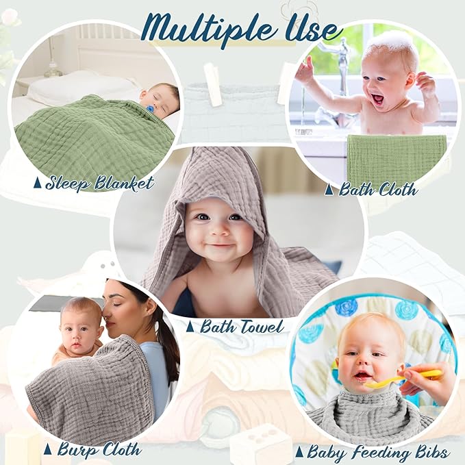 VitalCozy 8 Pcs Baby Muslin Hooded Bath Towels and Washcloths, 32 x 32 Inch Muslin Hooded Baby Towels Absorbent Blankets for Gift Newborn Infant Shower (Morandi Color)