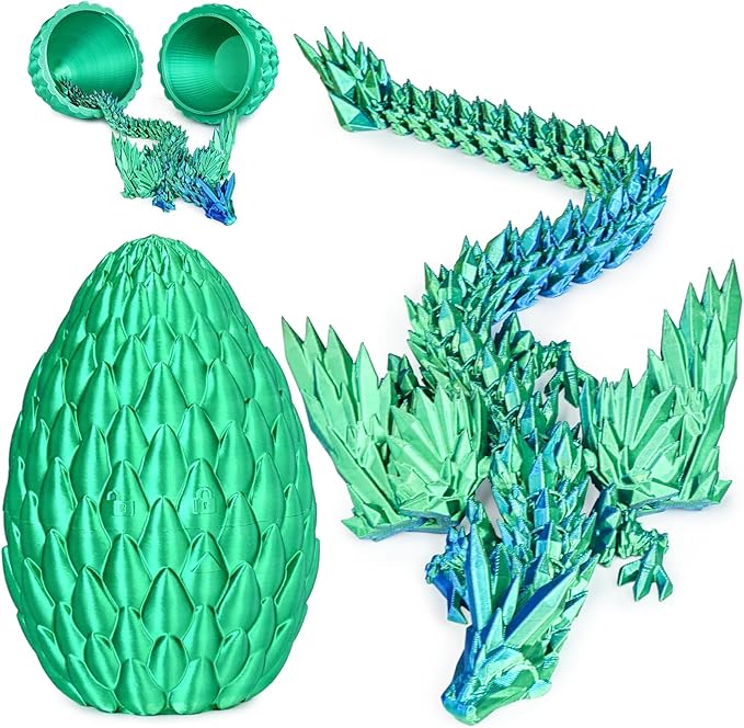 3D Printed Dragon Eggs with Articulated Fly Dragon Inside, Collectible Figurines Fidget Toy for Adults Kids Birthday Easter Christmas White Elephant Gifts for Friends Colleagues(Silk Green, M size)