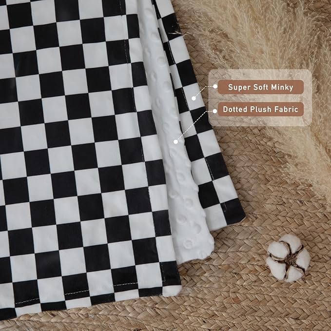 Checkered Baby Blankets for Boys, Comfy Durable Blanket with Double Layer Dotted Backing Checkerboard Grid Chessboard Gingham Bed Blankets for Newborn Infants Black, 30x40 Inches