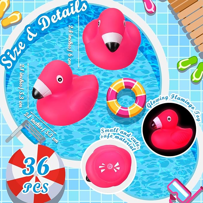 Shappy 36 Pcs Flamingo Rubber Duckies Bulk Glow in The Dark Pink Flamingos Bath Toys Flamingo Party Decorations Flamingo Rubber Duckies for Baby Shower Cake Decoration Classroom Prizes
