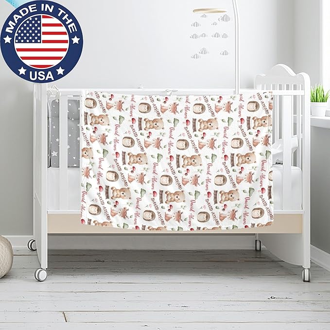 Ship Next Day, Personalized Baby Blanket for Boys Girls - Printed in USA, Custom Name Toddler Blanket with Deer Pattern, Perfect Newborn Gift