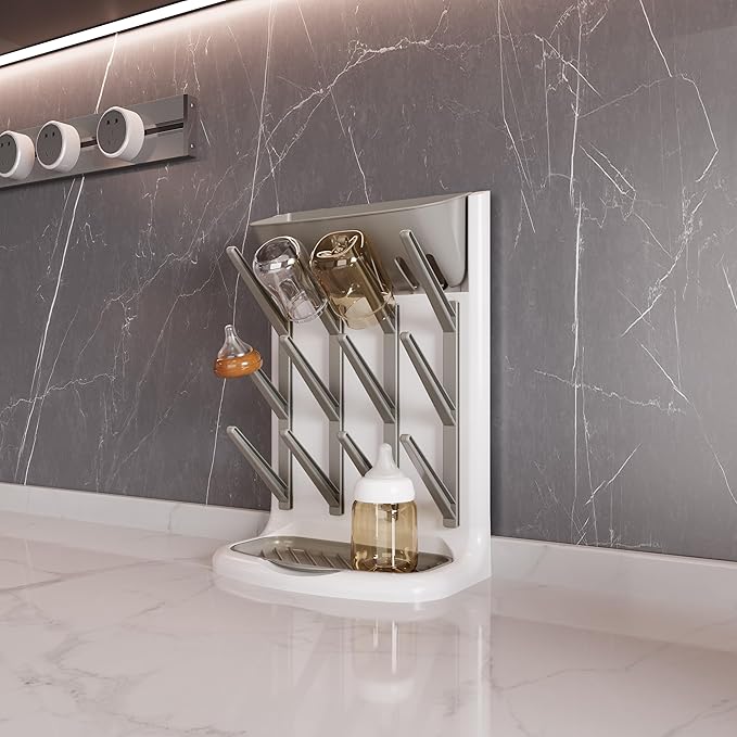 IEEK Baby Bottle Drying Rack,Space Saving Countertop Drying Rack for Baby Accessory & Pump Parts,Suction Cup Wall Mounted Bottle Rack Holder Large Vertical Drying Tower,Grey and White