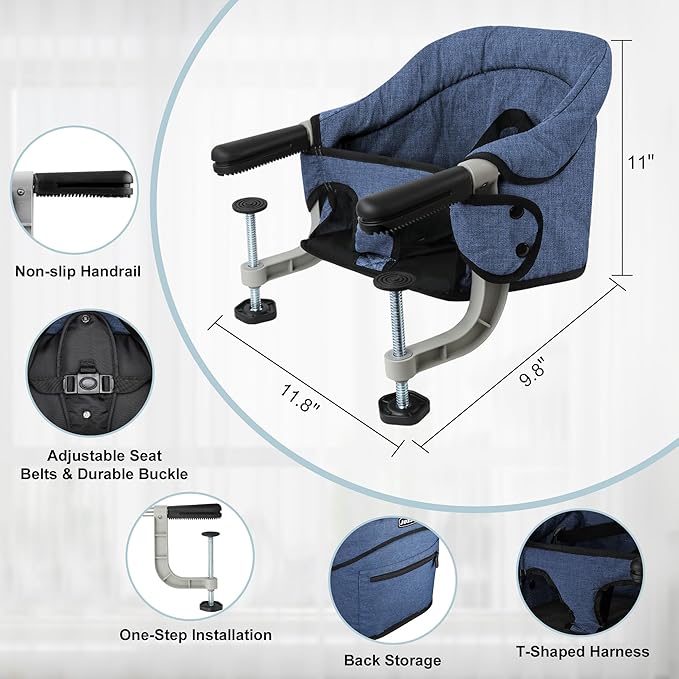 Hook On High Chair, Jozzve Baby High Chair, Portable High Chair for Travel, Foldable Fast Table Chair with Storage Bag, Baby Feeding Seat Clip On High Chair for Home and Travel (Navy)