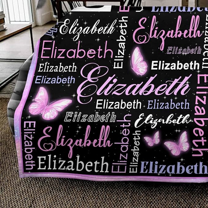 Personalized Baby Blanket for Girls with Name, Custom Name Blanket Butterfly Pattern for Daughter Son, Lightweight Fuzzy Fluffy Baby Blankets for Infant Toddler Newborn Unisex Crib Cot Stroller