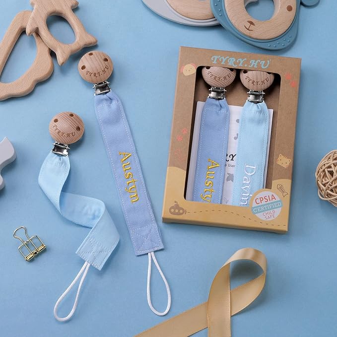 TYRY.HU Personalized Pacifier Clip with Name, Embroidery Pacifier Holder for Baby Girls and Boys, Neutral Binky Clips Universally Fit All Pacifiers & Baby Toys, Baby Gift, 2 Pack(Blue,Light Blue)