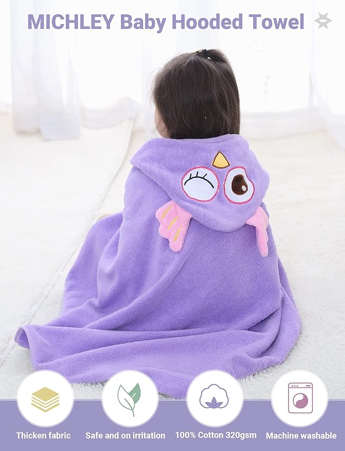 MICHLEY Toddler Hooded Bath Towels for 0-6T, Baby Essentials Cotton Absorbent Kids Washcloth (Owl)