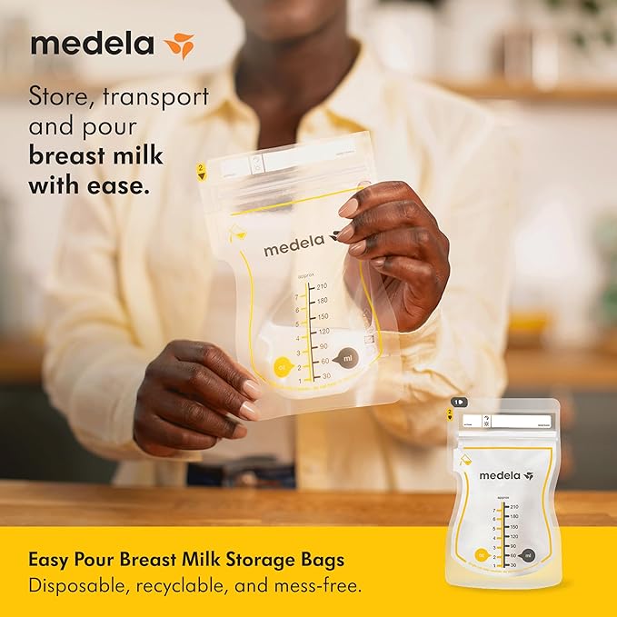 Medela Easy Pour Breastmilk Storage Bags | 50 Count 210ml | Disposable Leakproof Breast Milk Bags with Milk Protection | Recyclable & BPA Free