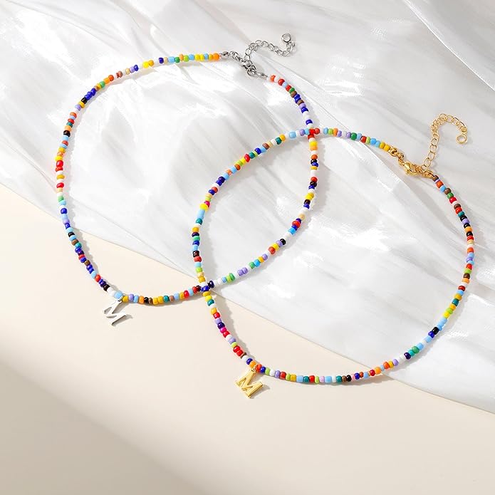 Yoosteel Christmas Gifts for Grandkids Teen Girls - Colorful Beaded Initial Necklace for Girls Kids Jewelry A-Z Letter Choker Necklace Birthday Gifts Stocking Stuffers for Teen Girl Women Kids Toddler