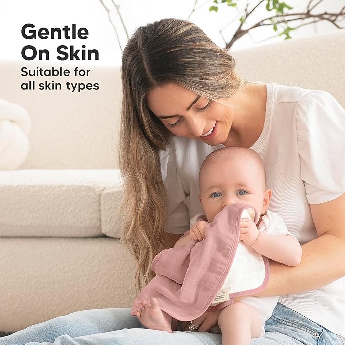 5-Pack Muslin Burp Cloths Baby Boy, Girl - Very Absorbent Baby Burp Cloth Rags, 8-Layers Viscose Derived from Bamboo Cotton Muslin Towel, Super Soft Spit Up Rags, No Shrink Washcloths (Mauve)