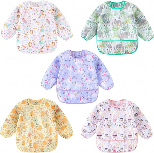 Long Sleeved Bibs, Pack of 5,Lightweight Waterproof Shirt Bibs for Baby Toddler 6-30 Months