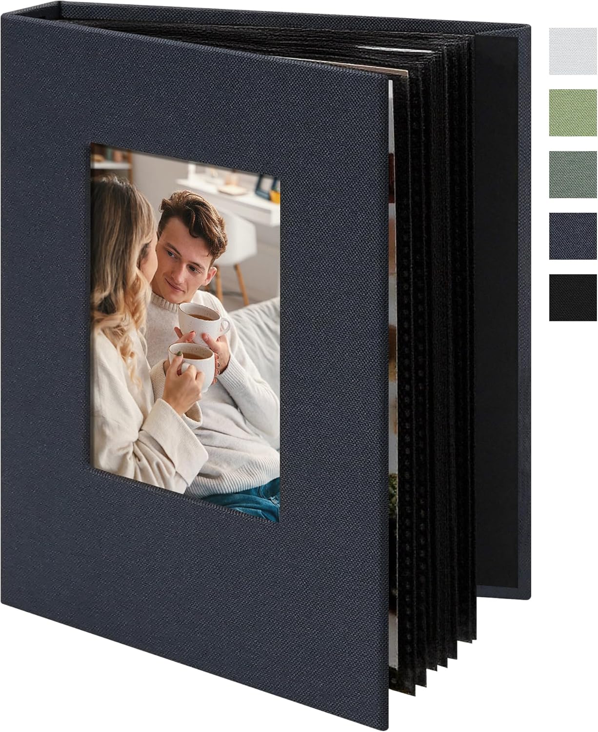 Small 4x6 Photo Album 24 Pockets Linen Cover with Front Window Portable Mini Picture Book for Travel Wedding Memories Organizer Gray Blue