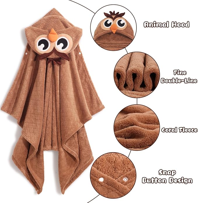 Baby Hooded Towels for Boys 0-5 Years,Ultra Thick Soft & Absorbent Towel for Toddler Boy, 50 x 32 Inches Large Size Coral Fleece with Animal Hood and Buttons, Brown Owl