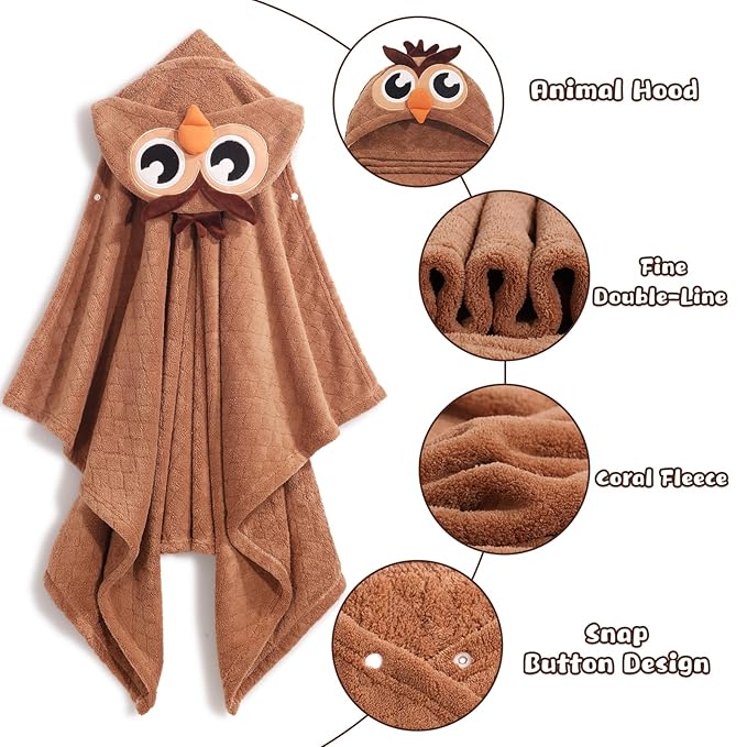 Kids Bath Towels for Boy Girl 0-5 Years, 2-Pack Soft & Absorbent Hooded Towel for Baby with Large Size50 x32, Luxuriously Thick and Plush Coral Fleece with Buttons White Sheep & Brown Owl