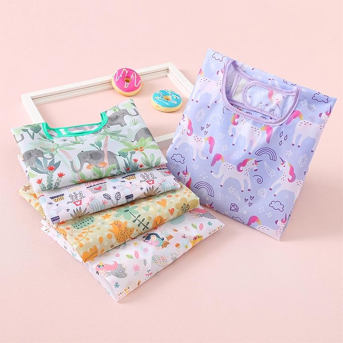 Long Sleeved Bibs, Pack of 5,Lightweight Waterproof Shirt Bibs for Baby Toddler 6-30 Months