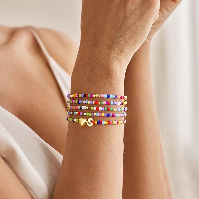 M MOOHAM Stocking Stuffers for Kids Girls Teen - 5PCS Colorful Beaded Initial Bracelets for Women Girls, Cute Stretch Heart Letter Bohemian Stackable Bracelet Birthday Gifts Jewelry for Kids Teen Girl