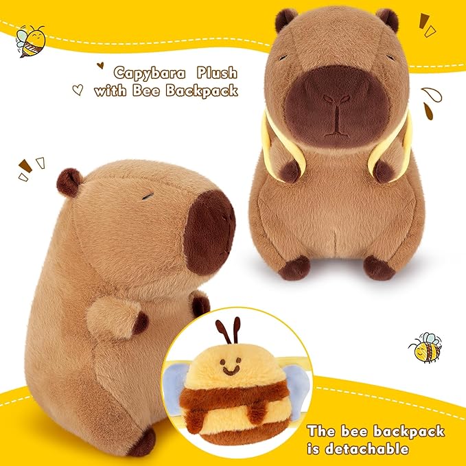 Achwishap Capybara Plush,Cute Plushies Capybara Stuffed Animal,Capybara Plush Toys,Kawaii Plushie Stuffed Toy with Bee Backpack Plushies Gift for Kids Adults Birthday(Capybara with Bee Backpack,10”)
