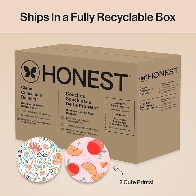 The Honest Company Clean Conscious Diapers for Sensitive Skin, Up to 100% Leakproof Hypoallergenic Fragrance-Free Baby Diapers, Girl Prints, Super Club Box, Size 3 (16–28 lbs), 120 Count (Prints Vary)