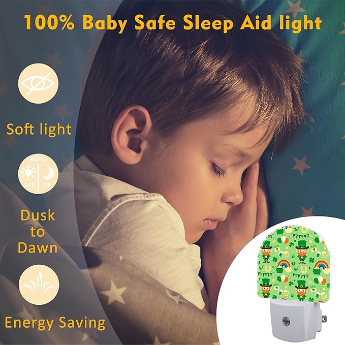 St. Patrick's Day Cute Pattern Night Light for Kids,Green Shamrock Leprechaun Rainbow Night Light Plug in with Dusk to Dawn Sensor, 0.5w Energy Saving Sleep Friendly Nightlight for Kitchen Bedroom