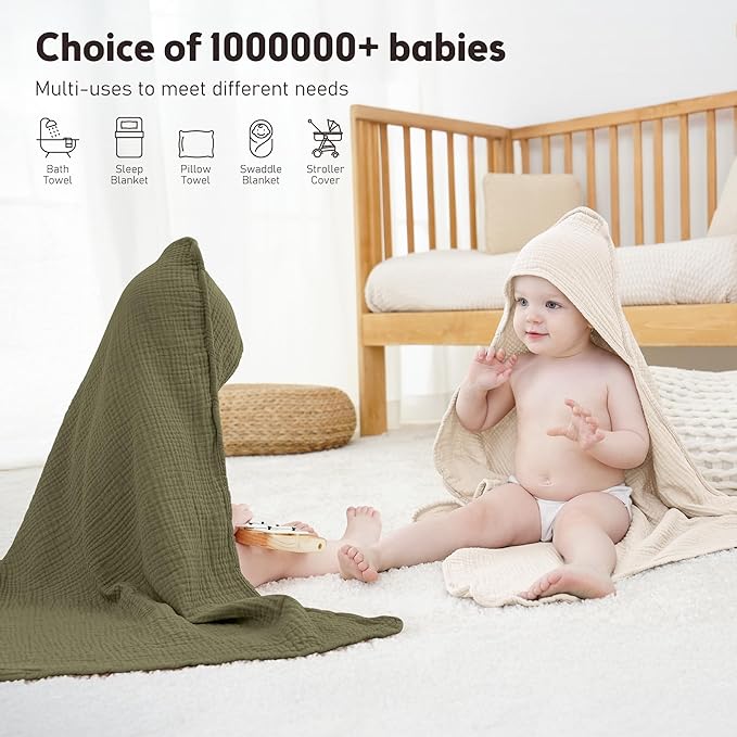 Susurration Hooded Baby Towels for Newborn 2 Pack 100% Muslin Cotton Towel for Babies，Highly Absorbent and Newborn Essential 30x30 Inch Cream&Dark Green