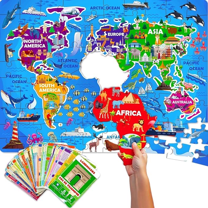 QUOKKA World Map Puzzles for Kids Ages 4-6 - 70 Pcs Floor Puzzles for Kids Ages 4-8 Preschool Activities - Includes 50 Cards with 400+ World Facts - Continent-Shaped Jigsaw Puzzle Gift for Girls Boys