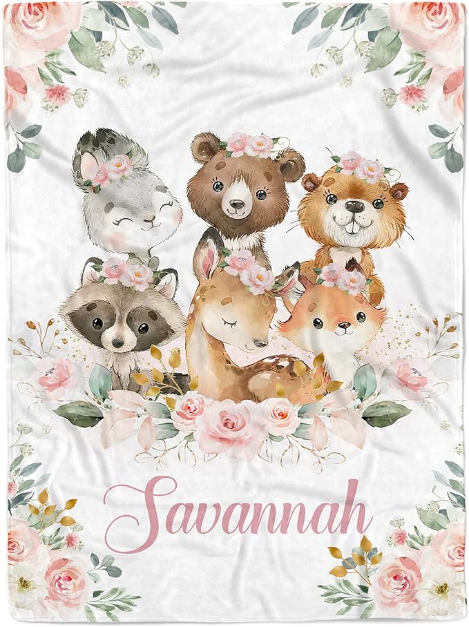 MDPrints Custom Baby Blankets for Boys and Girls, Personalized Baby Gifts, Customized Newborn Blanket with Name, Minky Plush Fleece (Woodland VN87)