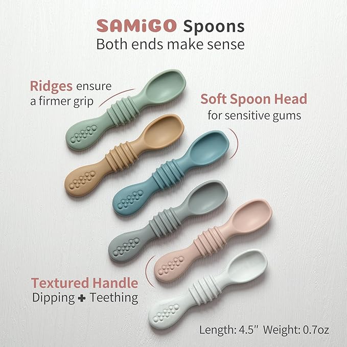 SAMiGO Silicone Baby Bowl and Spoon Set with Suction and Lid, First Stage Self Feeding Essentials, Food Bowl for 6+ Months