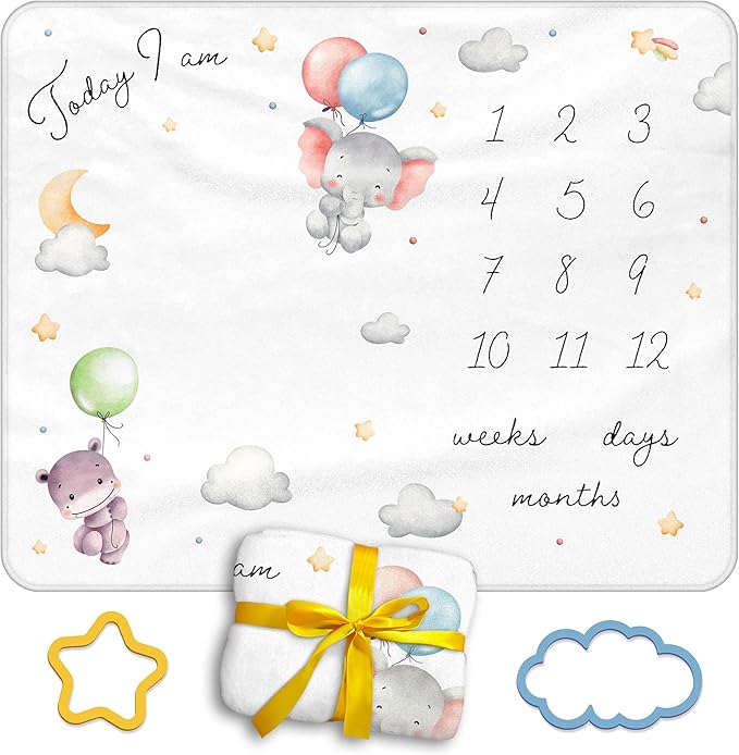 Baby Milestone Blanket, 40x50in Soft Flannel, Custom Cloud & Star Design with Baby Animals, Includes Yellow Star & Blue Cloud Milestone Markers, Perfect, White & Pastel Colors