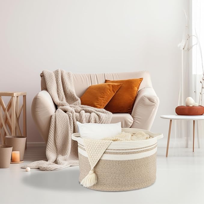 Large Cotton Rope Basket Blankets Basket Living Room 22"x14" Toy Baskets for Kids Rope Storage Basket for Nursery Woven Laundry Baskets for Clothes Towels Baby Toy Storage round white brown