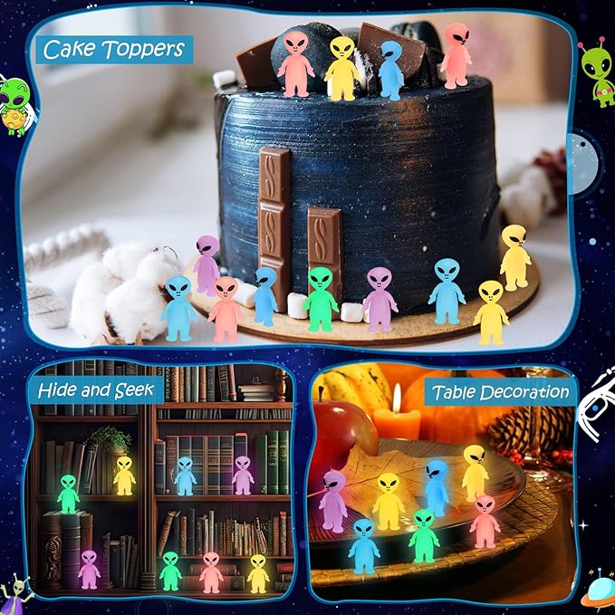 40 Pcs Glow in The Dark Mini Alien Figures Set with Card and Gift Bag for Space Birthday Party Favors Halloween Little Small Tiny Alien Figurines Statue for Hide and Seek (Colorful)