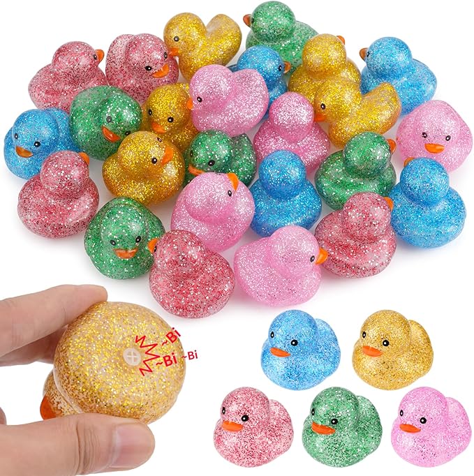 25Pcs Mini Glitter Rubber Ducks Bath Toys, Bathtub Floating Squeaky Duck Bulk Baby Preschool Bath Toy for Baby Shower Infants Kids Toddler Birthday Party Decoration Gift (Large)