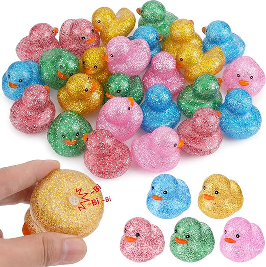 25Pcs Mini Glitter Rubber Ducks Bath Toys, Bathtub Floating Squeaky Duck Bulk Baby Preschool Bath Toy for Baby Shower Infants Kids Toddler Birthday Party Decoration Gift (Large)