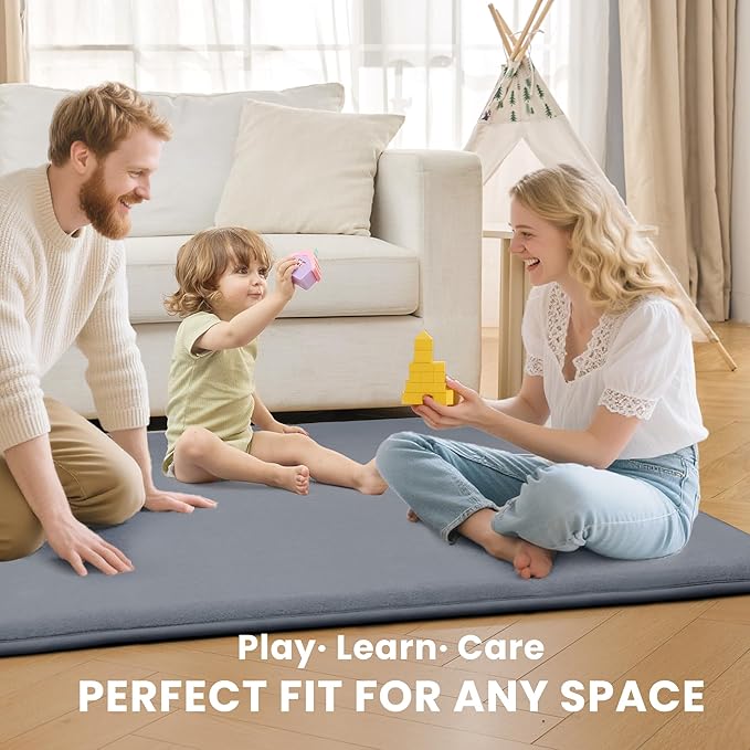 ACOMOPACK 1.3" Thick Baby Play Mat for Floor 59x71-Large Water-Repellent&Non-Slip Memory Foam Mat for Kids,Toddlers,Soft Velvet Nursery Rug for Tummy Time&Crawling,Yoga,Tatami Style(Grey)